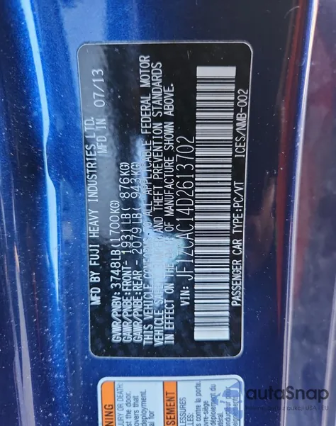 2013 Subaru Brz 2.0 Limited из США, поврежденный, VIN JF1ZCAC14D2613702